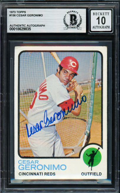 Cesar Geronimo Autographed 1973 Topps Card #156 Cincinnati Reds Auto Grade Gem Mint 10 Beckett BAS #18629835