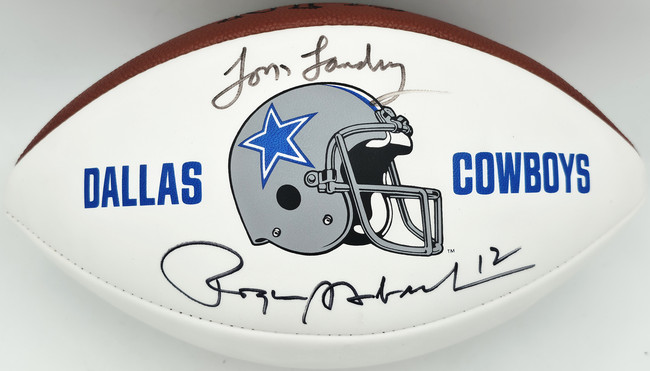 Tom Landry & Roger Staubach Autographed Official NFL Dallas Cowboys Logo White Football JSA #YY62144 Tom Landry & Roger Staubach Autographed Official NFL Dallas Cowboys Logo White Football JSA #YY62144
