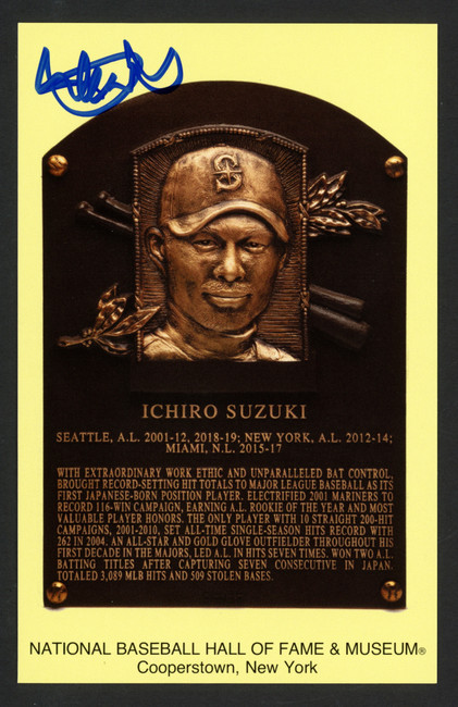 Ichiro Suzuki Autographed Hall of Fame HOF Plaque Postcard Seattle Mariners Beckett BAS Witness Stock #254320 Ichiro Suzuki Autographed Hall of Fame HOF Plaque Postcard Seattle Mariners Beckett BAS Witness Stock #254320