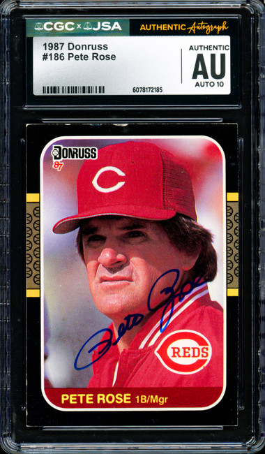 Pete Rose Autographed 1987 Donruss Card #186 Cincinnati Reds Auto Grade Gem Mint 10 CGC x JSA Stock #254376