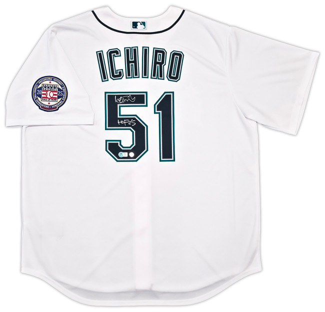 Seattle Mariners Ichiro Suzuki Autographed White Nike Jersey Size XL "HOF 25" IS Holo & Beckett BAS Witness Stock #254346