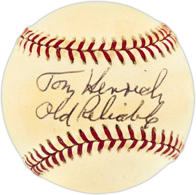 Tom Henrich Autographed Official AL Baseball New York Yankees "Old Reliable" Beckett BAS QR #BU87190