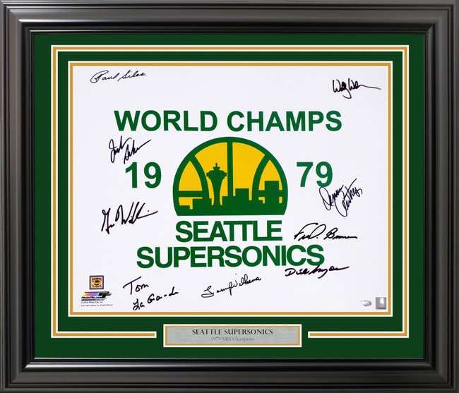 1978-79 NBA Champion Seattle Supersonics Autographed Framed 16x20 Photo Seattle Super Sonics With 9 Signatures Including Fred Brown & Lenny Wilkens MCS Holo Stock #256667
