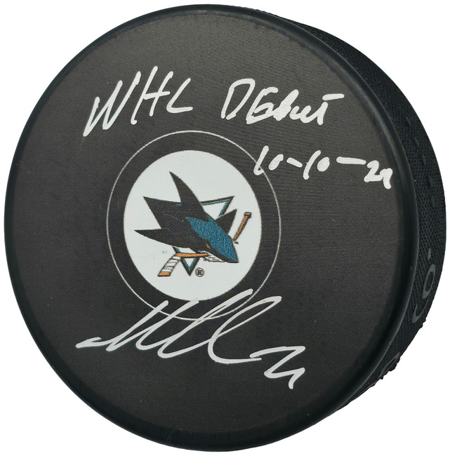 Macklin Celebrini Autographed Official San Jose Sharks Logo Hockey Puck "NHL Debut 10-10-24" Fanatics Holo Stock #256807
