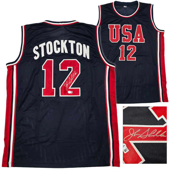 Team USA John Stockton Autographed Blue Jersey Beckett BAS Witness Stock #256901