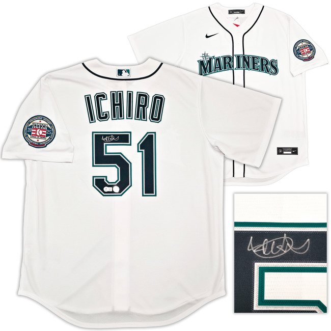 Seattle Mariners Ichiro Suzuki Autographed White Nike Hall of Fame Patch Jersey Size L IS Holo & Beckett BAS Witness Stock #256857