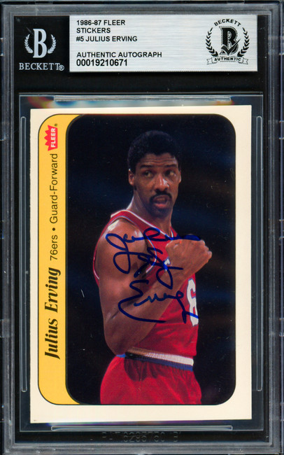 Julius Dr. J Erving Autographed 1986-87 Fleer Sticker Card #5 Philadelphia 76ers Beckett BAS #19210671