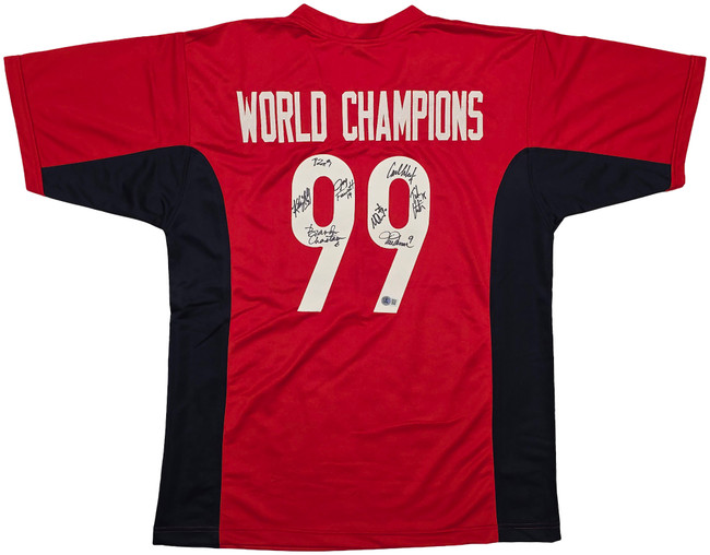 1999 Team USA Women's Soccer World Cup Champions Autographed Red Jersey With 8 Signatures Including Hamm & Chastain Beckett BAS Witness Stock #257833