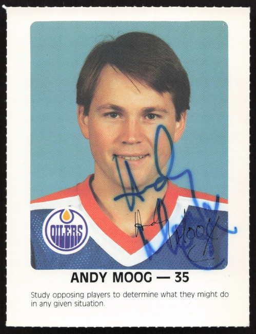 Andy Moog Autographed 1984-85 Post Red Rooster Card Edmonton Oilers SKU #258364