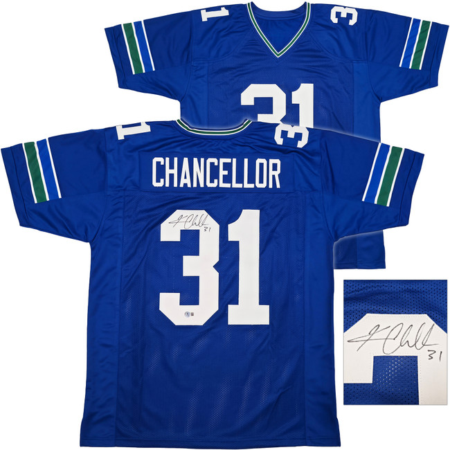 Seattle Seahawks Kam Chancellor Autographed Blue Throwback Jersey Beckett BAS Witness Stock #259852