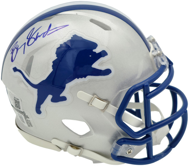 Barry Sanders Autographed Detroit Lions 1983-02 Silver Throwback Speed Mini Helmet Beckett BAS QR Stock #260182