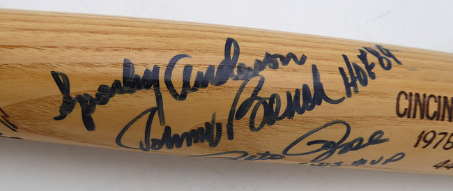 Johnny Bench "HOF 89", Pete Rose "1975 WS MVP" & Sparky Anderson Autographed Louisville Slugger Bat Cincinnati Reds Beckett BAS QR #AE49006