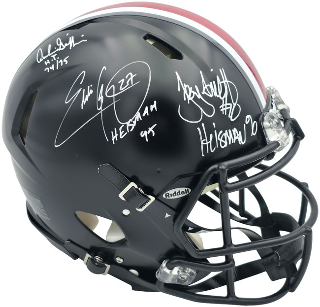 Archie Griffin, Eddie George & Troy Smith Autographed Ohio State Buckeyes 2015 Alternate Black Full Size Speed Authentic Helmet "Heisman" Beckett BAS Witness Stock #261829