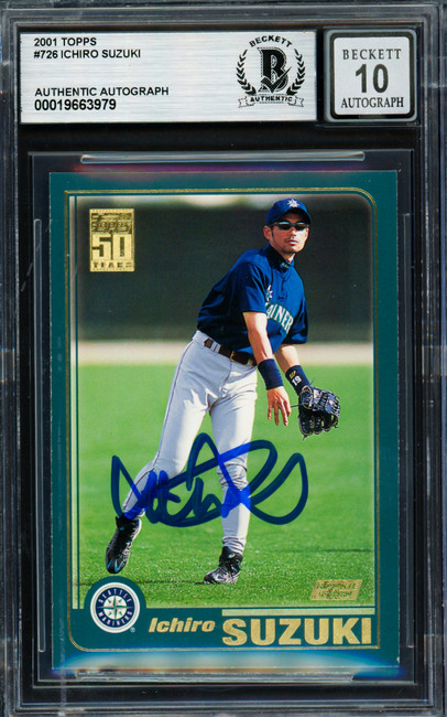 Ichiro Suzuki Autographed 2001 Topps Rookie Card #726 Seattle Mariners Auto Grade Gem Mint 10 Beckett BAS Stock #261809