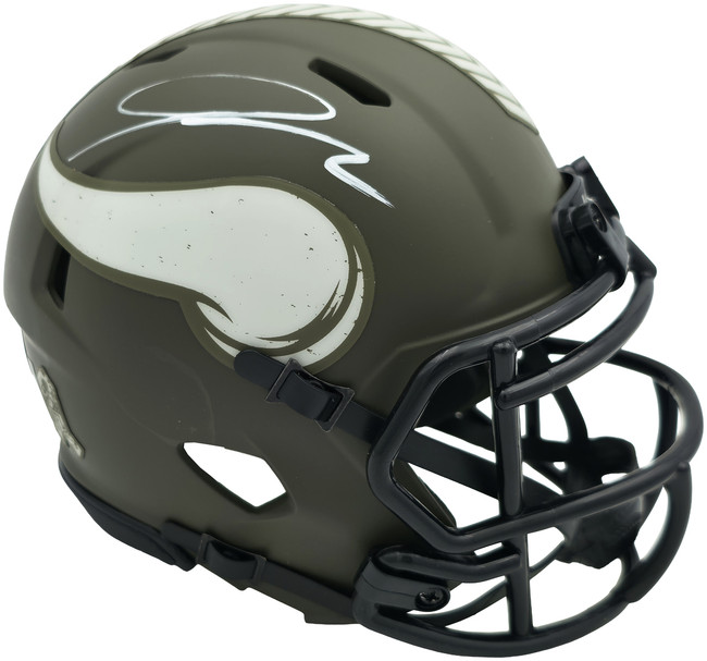 Jordan Addison Autographed Minnesota Vikings Army Green Salute To Service Speed Mini Helmet (In White) Beckett BAS QR Stock #261906