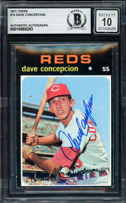 Dave Concepcion Autographed 1971 Topps Rookie Card #14 Cincinnati Reds Auto Grade Gem Mint 10 Beckett BAS #18969283