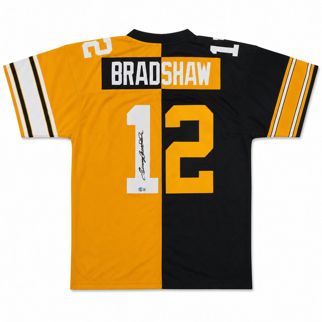 Pittsburgh Steelers Terry Bradshaw Autographed Black & Yello Mitchell & Ness Authentic Jersey Size XL Beckett BAS Witness #1W494552