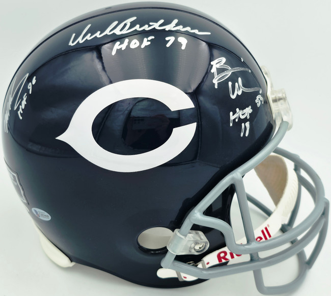 Dick Butkus, Mike Singletary and Brian Urlacher Autographed Chicago Bears Blue Full Size Replica Helmet "HOF" #2/500 Beckett BAS #G05460