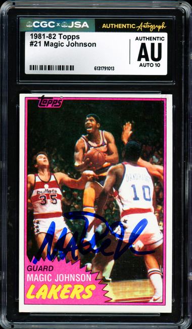 Magic Johnson Autographed 1981-82 Topps Card #21 Los Angeles Lakers Auto Grade Gem Mint 10 CGC x JSA #6131791013