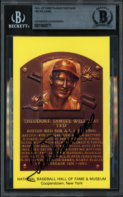 Ted Williams Autographed Hall of Fame HOF Plaque Postcard Boston Red Sox Beckett BAS #19820771