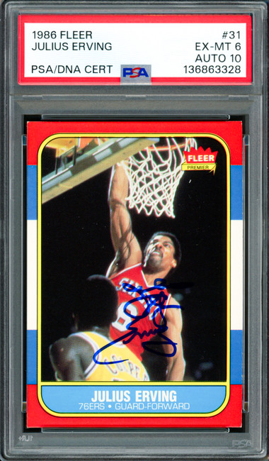 Julius Dr. J Erving Autographed 1986-87 Fleer Card #31 Philadelphia 76ers PSA 6 Auto Grade Gem Mint 10 PSA/DNA #136863328