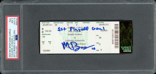 Matty Beniers Autographed 1st NHL Playoff Goal Ticket Seattle Kraken PSA 9 Auto Grade Gem Mint 10 "1st Playoff Goal" PSA/DNA #89893157