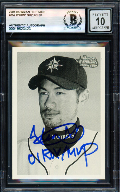 Ichiro Suzuki Autographed 2001 Bowman Heritage Rookie Card #352 Seattle Mariners Auto Grade Gem Mint 10 "01 ROY/MVP" Beckett BAS #19823423