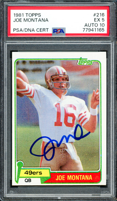 Joe Montana Autographed 1981 Topps Rookie Card #216 San Francisco 49ers PSA 5 Auto Grade Gem Mint 10 PSA/DNA #77941165