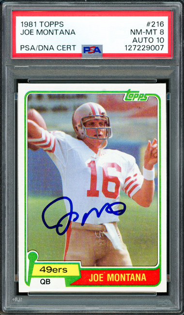 Joe Montana Autographed 1981 Topps Rookie Card #216 San Francisco 49ers PSA 8 Auto Grade Gem Mint 10 PSA/DNA #127229007