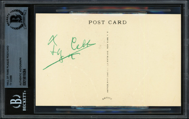 Ty Cobb Autographed Hall of Fame HOF Plaque Postcard Detroit Tigers (Signed on Back) Beckett BAS #19816084