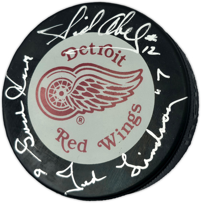 Gordie Howe, Sid Abel, & Ted Lindsay Autographed Official Detroit Red Wings Logo Hockey Puck Production Line Beckett BAS #AE85129