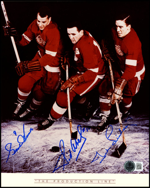 Gordie Howe, Sid Abel, & Ted Lindsay Autographed 8x10 Photo Production Line Beckett BAS #AE85146