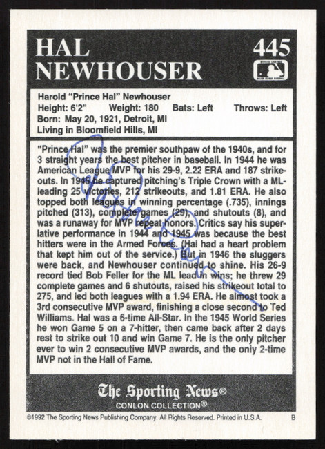 Hal Newhouser Autographed 1992 Sporting News Conlan Card #445 Detroit Tigers (Signed on Back) SKU #264292