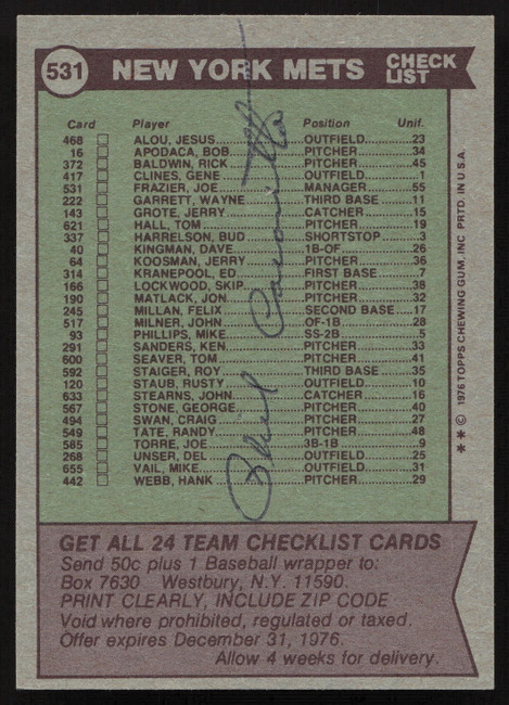 Phil Cavarretta Autographed 1976 Topps Card #531 New York Mets (Signed on Back) SKU #264454