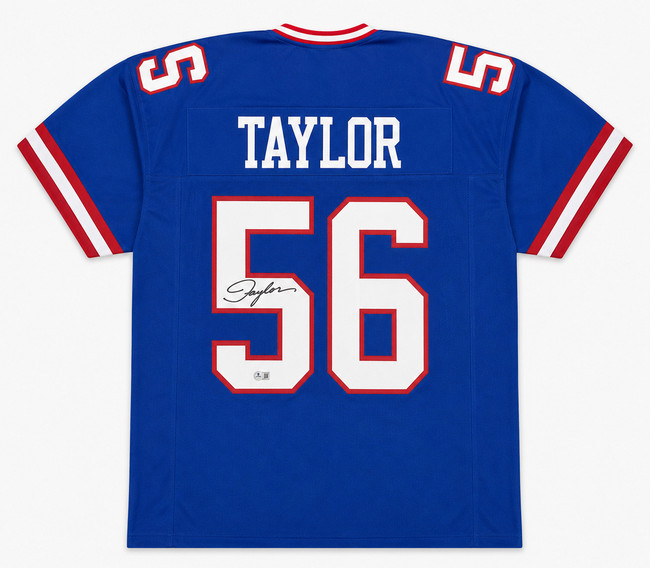 New York Giants Lawrence Taylor Autographed Blue Jersey Beckett BAS Witness Stock #263334