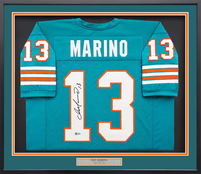 Miami Dolphins Dan Marino Autographed Framed Teal Jersey Beckett BAS Stock #265447
