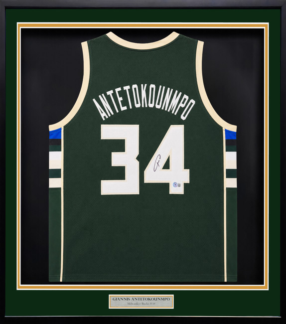 Milwaukee Bucks Giannis Antetokounmpo Autographed Framed Green Jersey Beckett BAS QR Stock #265448