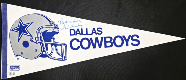Tom Landry Autographed Dallas Cowboys Pennant "Best Wishes" Beckett BAS QR #BW06396