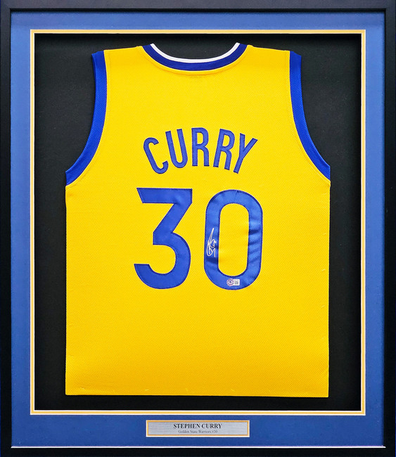 Golden State Warriors Stephen Curry Autographed Framed Yellow Jersey Beckett BAS Stock #266064