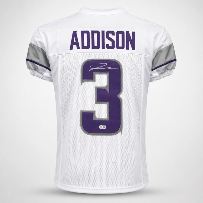 Minnesota Vikings Jordan Addison Autographed White Jersey Beckett BAS QR Stock #265947