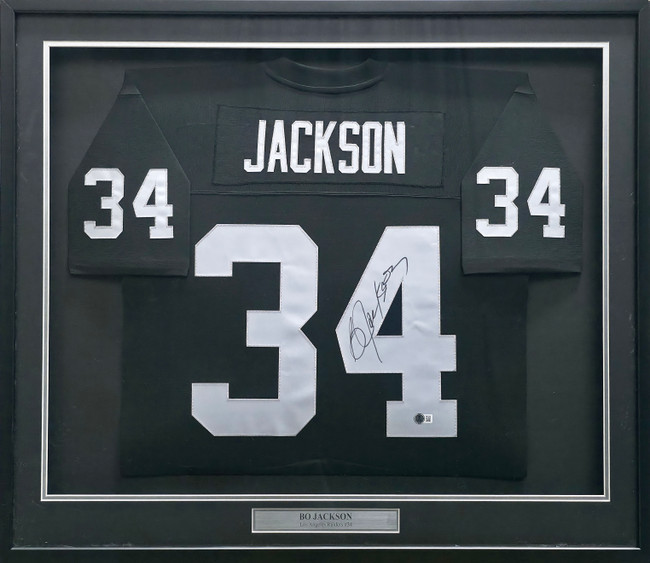 Oakland Raiders Bo Jackson Autographed Framed Black Jersey (Dent) Beckett BAS Witness #1W615199