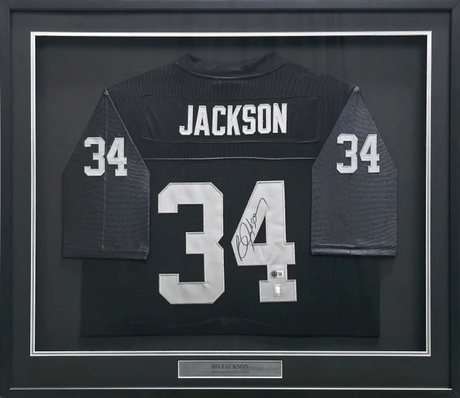 Oakland Raiders Bo Jackson Autographed Framed Black Mitchell & Ness 1987 Throwback Jersey Beckett BAS QR #BU86725