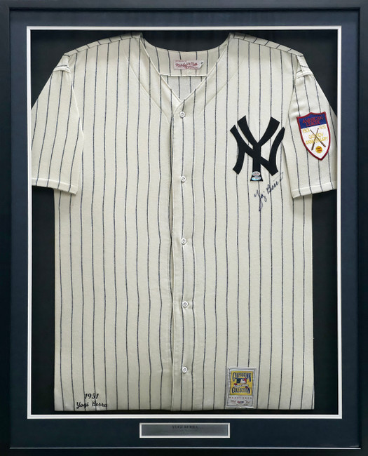 New York Yankees Yogi Berra Autographed Framed Cream Pinstripes Mitchell & Ness AL 50 Year Jersey PSA/DNA #AE20639