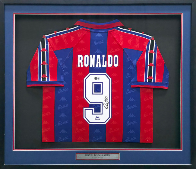 1996-97 FC Barcelona Ronaldo Nazario "The Phenomenon" Autographed Framed Red & Blue Kappa Jersey Beckett BAS Witness #3W181100