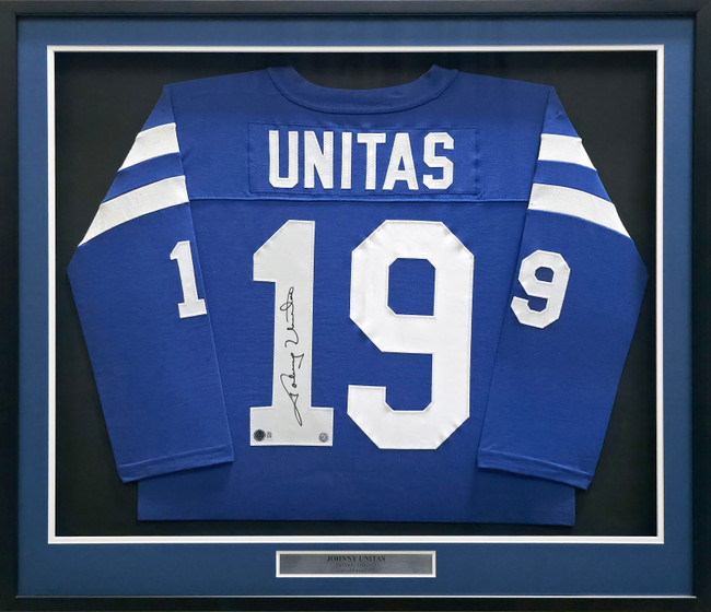 Baltimore Colts Johnny Unitas Autographed Framed Blue Jersey Beckett BAS #AE49027