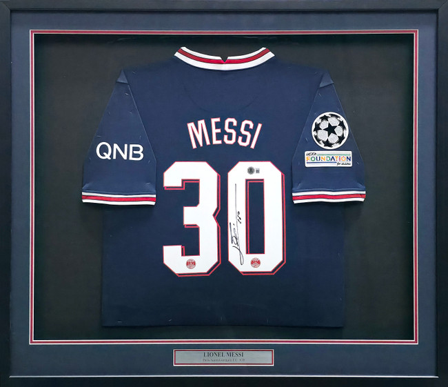 2021-22 PSG Lionel Messi Autographed Framed Blue Jordan Jersey Beckett BAS Witness #2W114274