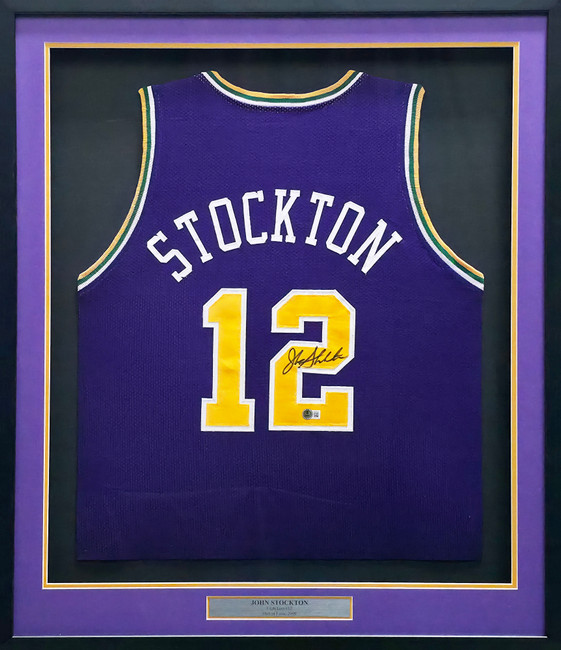 Utah Jazz John Stockton Autographed Framed Purple Jersey Beckett BAS Witness Stock #266057
