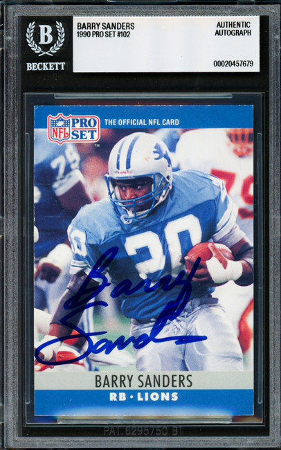 Barry Sanders Autographed 1990 Pro Set Card #102 Detroit Lions Beckett BAS #20457679