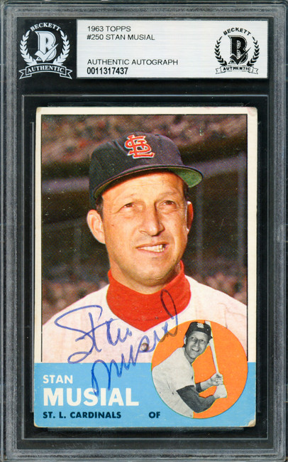 Stan Musial Autographed 1963 Topps Card #250 St. Louis Cardinals Beckett BAS #11317437