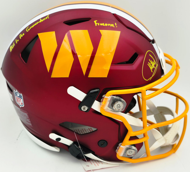 Mike Sainristil Autographed Washington Commanders Flash Red Full Size SpeedFlex Authentic Helmet "Hail to the Commanders! Frozone!" (Smudged) Beckett BAS Witness #WU36077